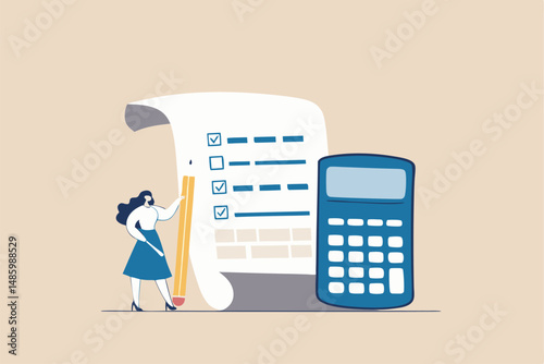 Project cost estimation, calculate budget or resources to finish work, financial plan, invoice or tax, expense or loan concept, businesswoman with calculator estimate cost from project document.
