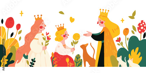 An Illustrated scene of fairy tale queens, with elements of fantasy and floral imagery, capturing the whimsy and charm of a storybook world.