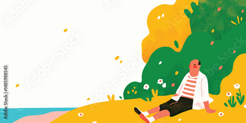 A carefree illustration of a man in a relaxed pose, enjoying the serene beauty of a summer day by the sea, surrounded by lush greenery.  
