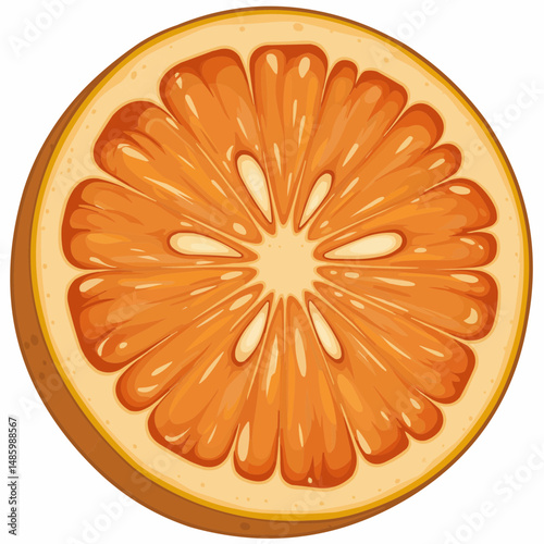 Illustration of a cut slice of orange fruit, showing the juice sacs and rind detail