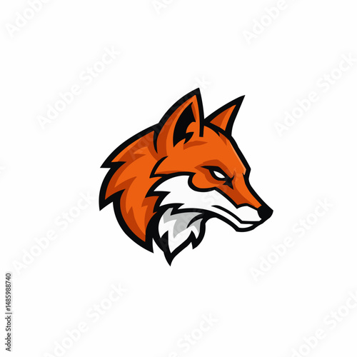 Bold orange canid head in profile with piercing eyes and outlined in black on white