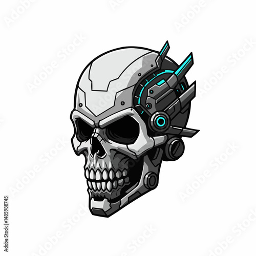 Futuristic skull helmet, white and gray armor, bright cyan accents in its robotic parts