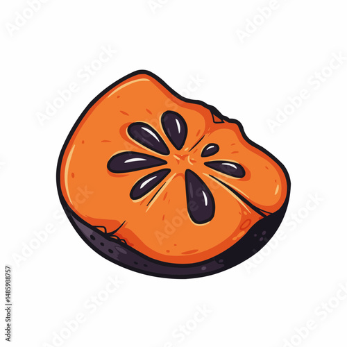 Illustration of a cut fruit showing the bright orange flesh and dark purple seeds