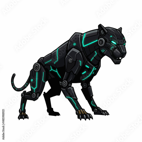 Mecha panther design with black armor and glowing lines on a clean white background