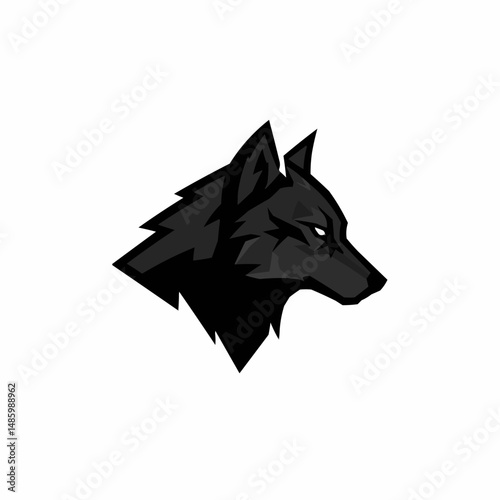 Wolf head, black and gray, angled up right with a white background and pointy ears