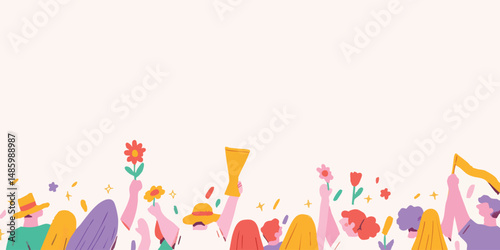 An illustrated crowd of diverse people celebrate in a lively, graphic depiction of joy and togetherness, featuring floral and celebratory elements in a vibrant, joyful composition.