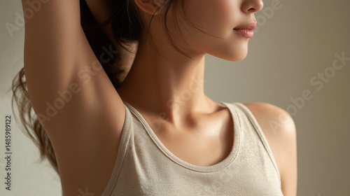 ナチュラルなタンクトップ姿で腕を上げる女性の首元とワキ（脇）（美容・エステ・脱毛・コスメ）