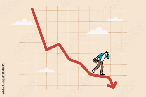 Economic recession, stock market plunge or falling down, cryptocurrency crash or financial crisis from inflation concept, businessman investor standing on falling down red graph look for bottom.