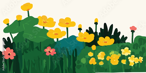A vibrant and cheerful illustration of a blooming garden filled with delicate yellow flowers, vibrant green foliage, and hints of pink blooms, creating a sense of spring and renewal.