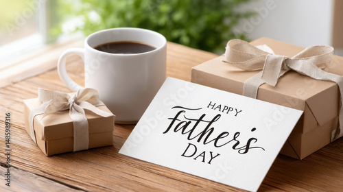 Happy Father's Day Gift Set Coffee Mug Presents and Card on Wooden Table
