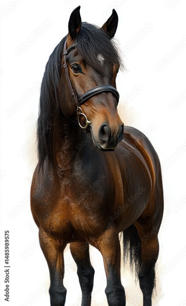 Fototapeta premium majestic brown horse with long black mane wearing bridle standing attentively against a plain white background