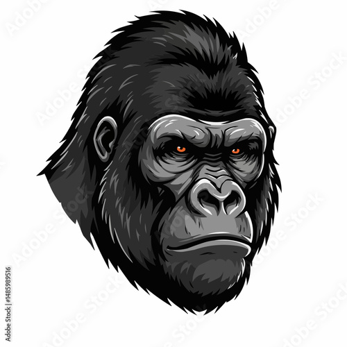 A black and grey gorilla with intense orange eyes, partial view