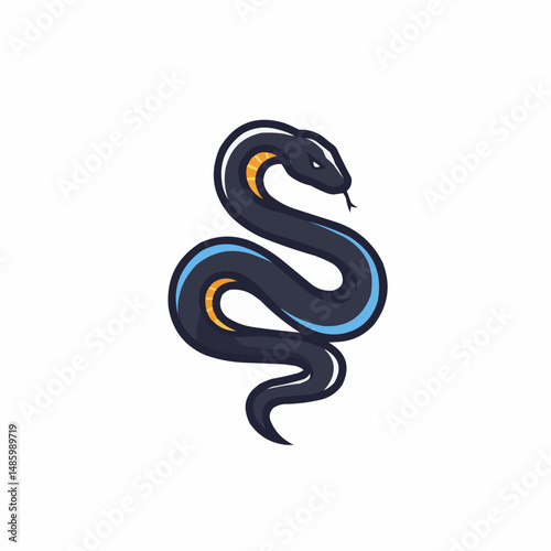 A stylized snake with dark blue skin, an exposed golden neck, and a forked tongue