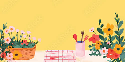Spring picnic with flower pot and utensils on checkered tablecloth.