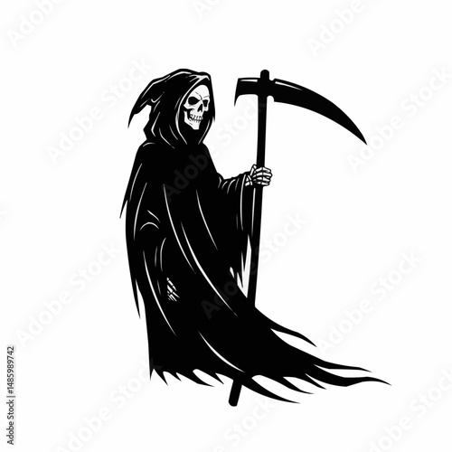Grim reaper in a hood holds a scythe in a black and white vector illustration