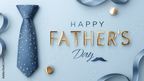 Happy Father's Day elegant design with gold lettering blue tie and ribbons