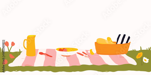 A cheerful picnic setup with a striped blanket, a pitcher, a bowl of fruit, bread, and cutlery, invites you to enjoy a delightful afternoon in the park. 