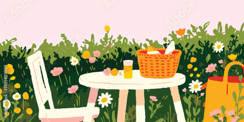 A whimsical illustration depicts a charming picnic scene in a vibrant garden, featuring a small round table, chair, picnic basket, and wildflowers, creating a serene and idyllic atmosphere.