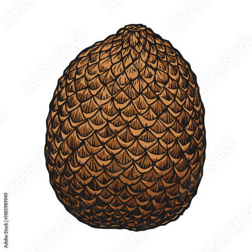 Brown spiky fruit with textured scales, and a round top on a white background