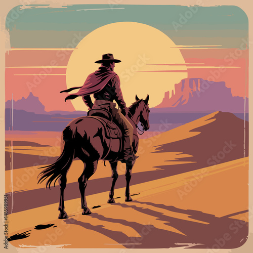 A stylized illustration of a lone cowboy riding a horse through a vast desert at sunset, soft pastel colors, wide-brimmed hat, flowing coat, dramatic shadows, minimalistic mountains in the background,