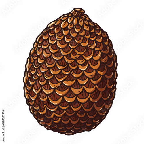 Detailed, stylized depiction of a pinecone with intricate scale patterns in warm tones