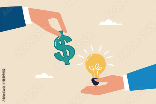 Funding startup idea, fundraising to start business, investor, venture capital or VC to financial support, budget or sponsorship concept, businessman hand give dollar money to lightbulb business idea.