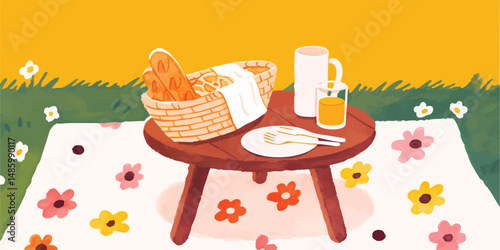 A picturesque picnic setup on a colorful blanket, featuring a bread basket, a cup of juice, cutlery, and other elements for a delightful summer afternoon outdoors.