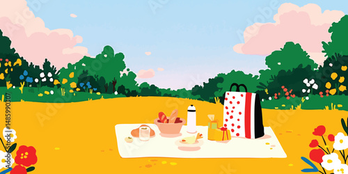 A delightful picnic scene in a vibrant spring meadow, featuring a spread of food, drinks, and a gift bag, perfect for leisure.