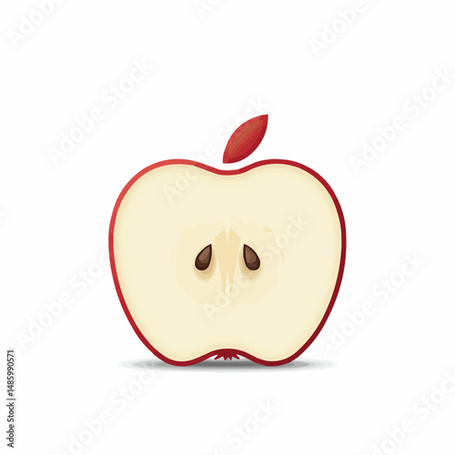 Slice of a crisp, red apple, with a single leaf, resting on a white surface