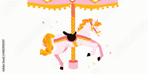A whimsical illustration showcases a classic carousel horse in vibrant colors, evoking a sense of nostalgia and childhood wonder. This carousel invites viewers into a world of fantasy and amusement.