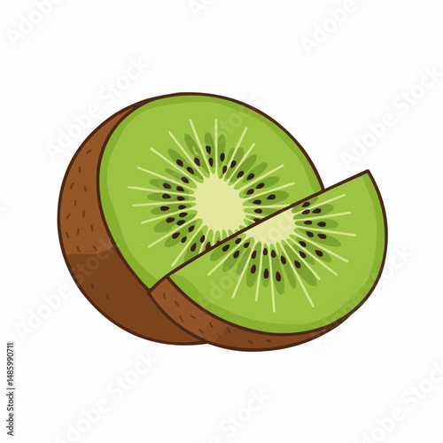 Sliced kiwi fruit, bright green with a dark brown peel and black seeds inside