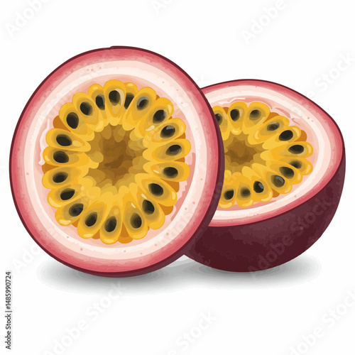 Halved fruits with juicy yellow flesh and black seeds, on white