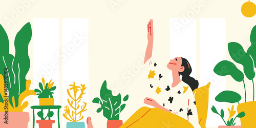 A woman surrounded by lush green plants, gazing up with uplifted arm. A tranquil, nurturing moment filled with nature's beauty and peace.