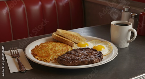 Steak and eggs breakfast with hash browns toast and coffee in a diner setting