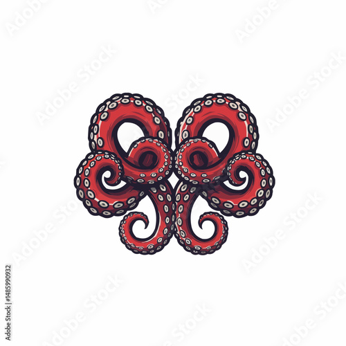 Vibrant red octopus tentacles curl on the lower side with dark outlines