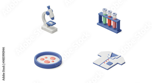 Isometric Medical Equipment Still Life Featuring Microscope, Petri Dish and More