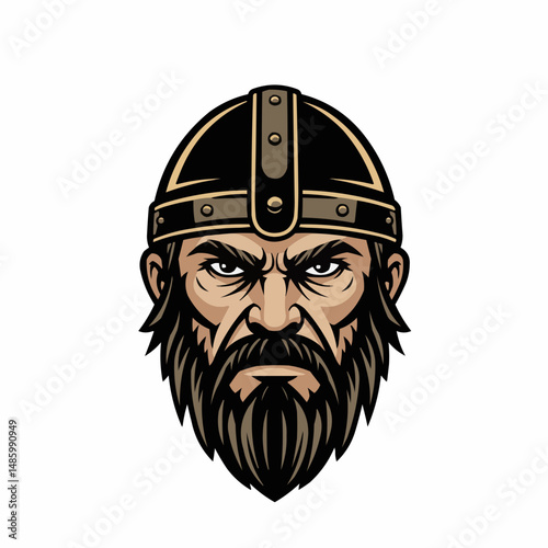 Stern cartoon warrior's face with dark helmet, ready for battle with piercing eyes