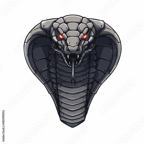 A robotic cobra with red eyes glares, its metallic scales glinting. Menacing and powerful