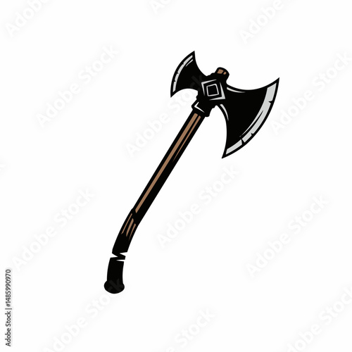 A double-bladed axe with a brown handle and dark blades on a white backdrop