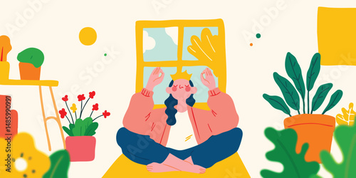 A calm person in peaceful meditation practice, embraced by the serenity of nature indoors, plants surrounding, harmony, balance, wellness.