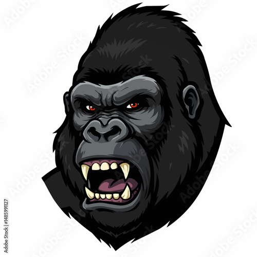 A detailed close-up of a gorilla's face, with red eyes and a solemn expression
