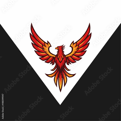 Fiery bird rises, spreading bright red and orange wings on split black and white background