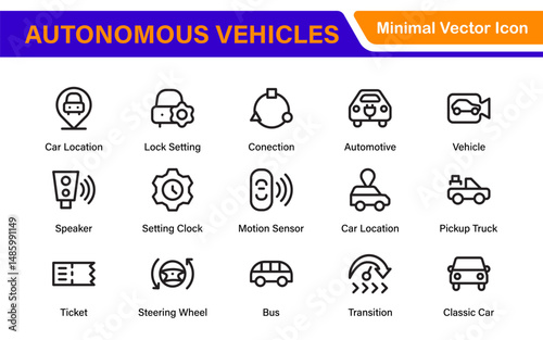 Autonomous Vehicles Self-Driving Car Icons – Minimal Line Vector Illustrations for Smart Transportation, Electric Cars, Future Mobility.