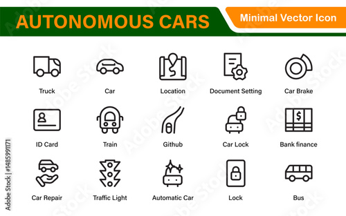 Autonomous Vehicles Self-Driving Car Icons – Minimal Line Vector Illustrations for Smart Transportation, Electric Cars, Future Mobility.