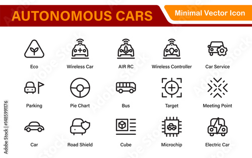 Autonomous Vehicles Self-Driving Car Icons – Minimal Line Vector Illustrations for Smart Transportation, Electric Cars, Future Mobility.