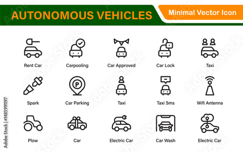 Autonomous Vehicles Self-Driving Car Icons – Minimal Line Vector Illustrations for Smart Transportation, Electric Cars, Future Mobility.