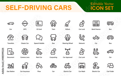 Autonomous Vehicles Self-Driving Car Icons – Minimal Line Vector Illustrations for Smart Transportation, Electric Cars, Future Mobility.