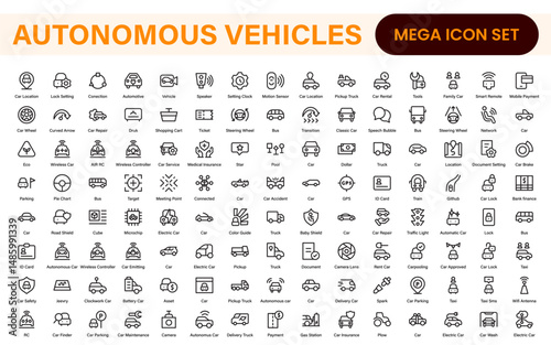 Autonomous Vehicles Self-Driving Car Icons – Minimal Line Vector Illustrations for Smart Transportation, Electric Cars, Future Mobility.