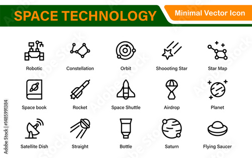 Modern Space Exploration Technology Icons – Outline, Line Art, Vector Illustrations for Rocket Science, Satellites, Astronauts, and Future Missions