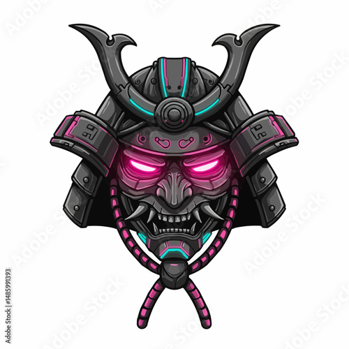 Cyberpunk samurai with a modern helmet design and glowing pink eyes in a dark helmet